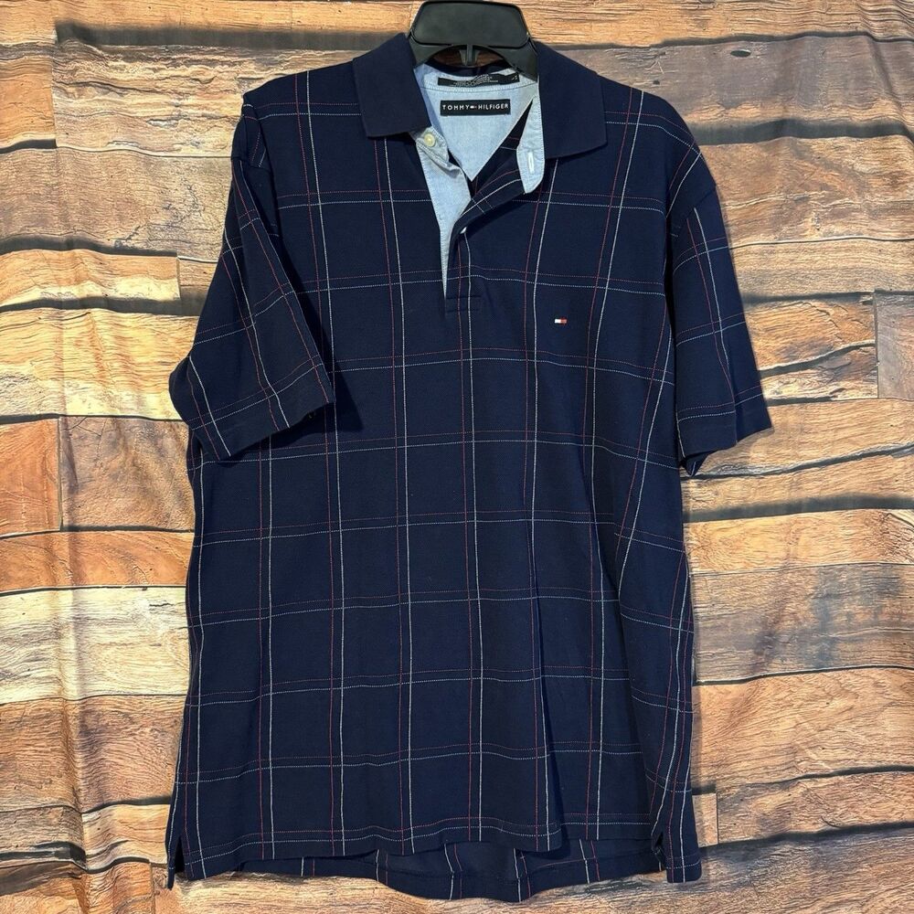 Tommy Hilfiger Polo Shirt Mens Large L Navy Blue Red Windowpane Grid Plaid Pique
